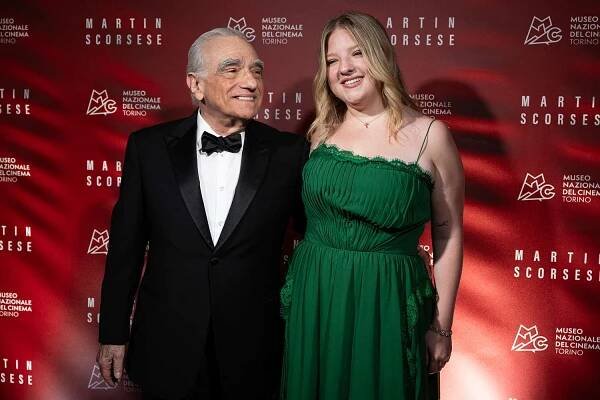 US director Martin Scorsese (L) and his daughter Francesca Scorsese (R) pose on the red carpet ahead of the "Stella Della Mole" Award ceremony at the Temple Hall of the Mole Antonelliana in Turin, on October 7, 2024.