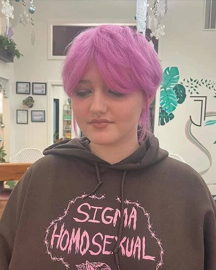 violet and pink pixie cut with curtain bangs