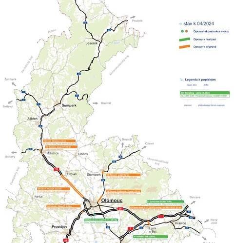 Mapa významných oprav Správy Olomouc (duben 2024)