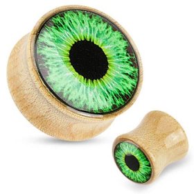 Plug do ucha ze dřeva - světle hnědá barva, průhledná glazura, zelené oko | Šperky Eshop