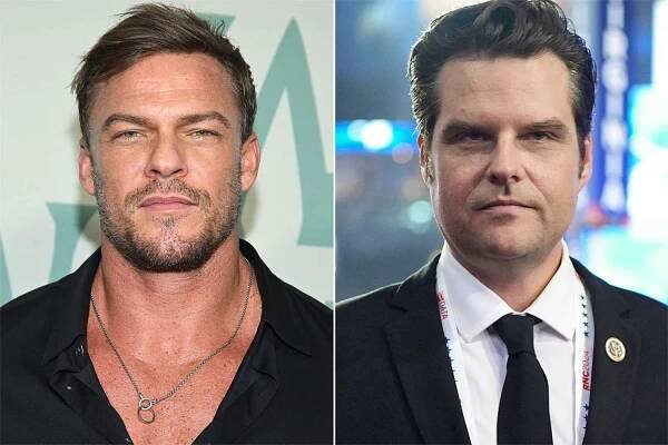 Alan Ritchson attends Amazon Freevee and Prime Video's Winter Wonderland holiday party at Amazon Studios on December 13, 2023 in Culver City, California., Rep. Matt Gaetz (R-FL) attends the second day of the Republican National Convention at the Fiserv Forum on July 16, 2024 in Milwaukee, Wisconsin. 