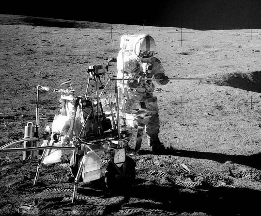 On Feb. 6, 1971, Apollo 14 astronaut Alan Shepard became the first person to play golf on the moon. He smuggled a makeshift golf club head onto the spacecraft inside a sock. The first ball he hit veered into a nearby crater, but with a solid second swing, the next ball soared for "miles and miles and miles" in the moon&rsquo;s microgravity. Here, Shepard stands by the Modular Equipment Transporter, a cart for lugging equipment on the lunar surface.