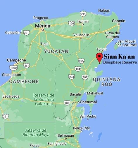 Map of Mexico's Yucatan Peninsula showing the location of Sian Ka'an Biosphere Reserve