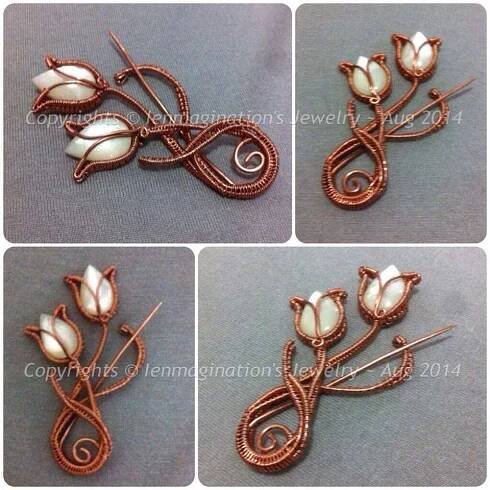 four pictures of wire wrapped flowers and leaves