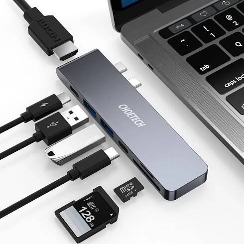 Přepojka / adaptér / rozbočovač CHOETECH - 2x USB-C na 2x USB-A + 2x USB-C + SD + HDMI - šedá