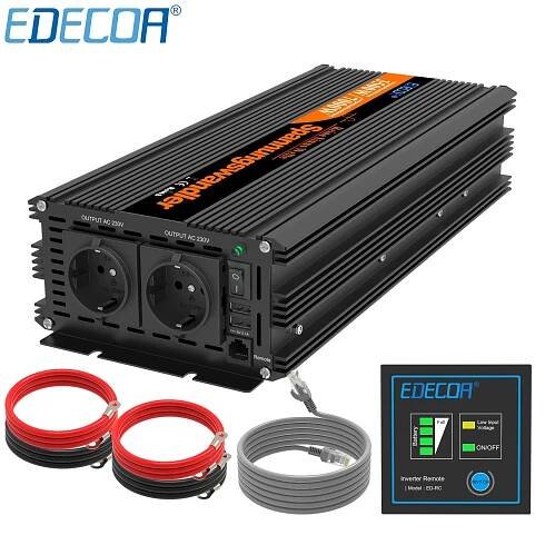EDECOA Měnič napětí z 12/230V, 2x USB, 3500W, vzdálený kontrolní panel, čistý sinus, ed13 
