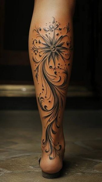 a woman's legs with an intricate tattoo design on the bottom part of her leg