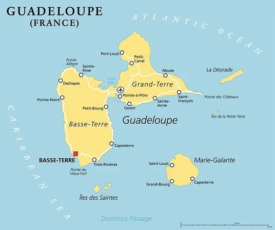 Guadeloupe, zámořský region Francie na Závětrných ostrovech v souostroví Malé Antily v Karibiku, na politické mapě s hlavním městem Basse-Terre
