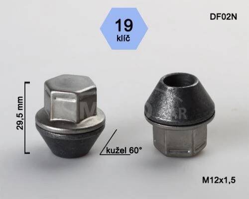 Kolová matice M12x1,5 kužel nerez krytka, Ford, klíč 19 (DF02N) výška 29,5mm