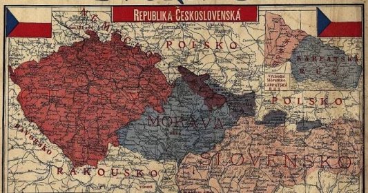 Mapa zemí československých a Budoucí republika československá, rok 1919, mapové pohlednice, personifikace nového státu, Česko-slovenská republika, rok 1938, Protektorát Čechy a Morava (1939-1945)