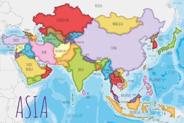 Politická Asie Mapa vektorové ilustrace s různými barvami pro každou zemi. Upravitelné a jasně označené vrstvy. — Ilustrace