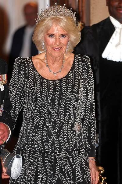 LONDON, ENGLAND - OCTOBER 18: Queen Camilla arrives at a reception and dinner in honour of their Coronation on October 18, 2023 at Mansion House in London, England. The King attended the reception to uphold the tradition of visiting the City of London during the Coronation year. The engagement recognises the work of London civic institutions and Livery Companies. (Photo by Chris Jackson/Getty Images)