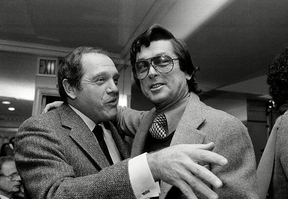 Robert Evans Actor Alan King, left, and film producer Robert Evans greet each other before the start of a press conference held by studio and film union officials in New York on . Evans announced a "breakthrough" agreement with eight film union locals that he said will enable him to shoot his new 20 million dollar movie, "Cotton Club," in New York, instead of in EuropeRobert Evans, New York, USA