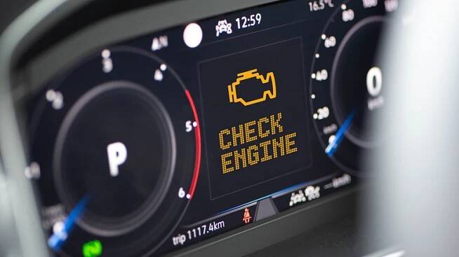 Instrument cluster of a modern car with a check engine warning light on
