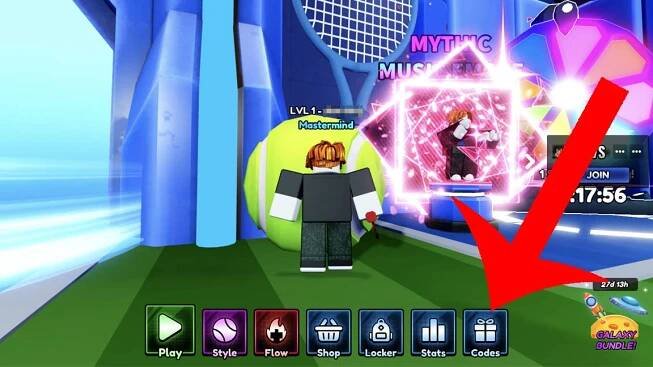An arrow pointing at the codes button in the Roblox game Tennis Zero.