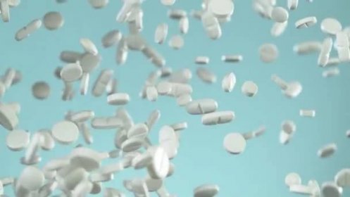 Super Zpomalený Pohyb Padající Bílé Pilulky Modrém Pozadí Natočeno Vysokorychlostní — Stock video