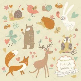 Stáhnout - Kreslený sada roztomilá zvířátka v lese: medvěd, liška, Ježek, králík, šnek, jelen, sova, pták, myš. ročník dětské v vektor. — Ilustrace