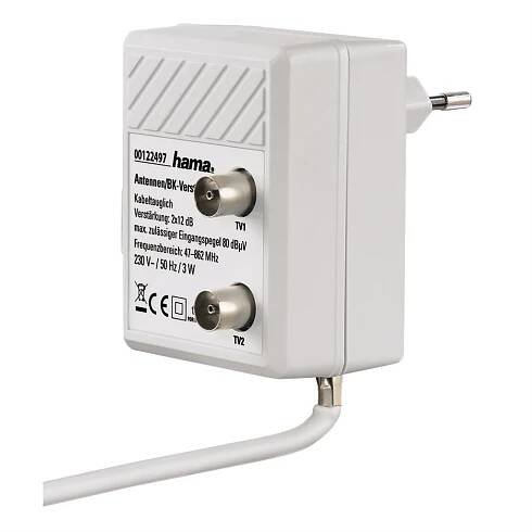 Hama zásuvkový anténní rozbočovač bílá / se zesilovačem 2 x 12 dB / vhodné pro DVB-T a DVB-T2