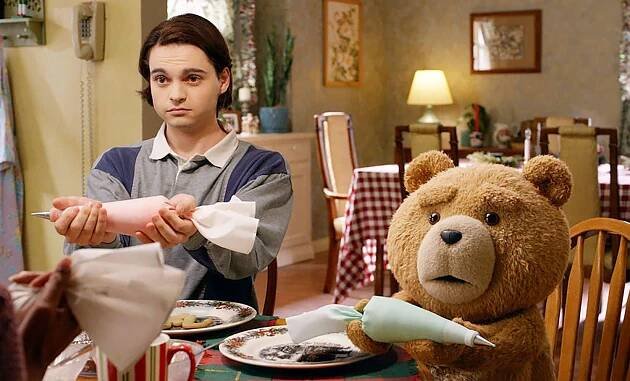 Max Burkholder and Ted (voiced by Seth MacFarlane) in 'Ted'