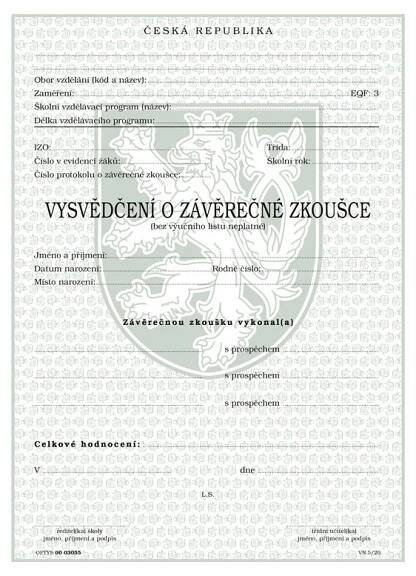 Vysvědčení o závěrečné zkoušce, střední vzdělání s výučním listem, tříleté obory, pro tisk QR kódu : 8590384305508