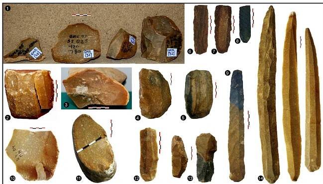 Fig. 14. Siliceous materials from SE Romania (1-9) visually similar to Kriva Reka type of Ludogorie chert (10-14): 1-2. Giurgiu-Malu Rosu (Giurgiu county, Upper Palaeolithic; photo 2 modified after Em. Alexandrescu et alii 2007, p. 128); 3. Ghizdaru-Halta Quarry (Giurgiu county, alluvial deposit, Fratesti Fm); 4-5. Vitanesti (Teleorman county, Eneolithic; modified after O.N. Crandell 2013, p. 142); 6-9. Baia (Tulcea county, Eneolithic; modified after Fl. Mihail, C.E. Stefan 2014, p. 274, 276, 277); 10. Chakmaka outcrop (secondary deposit near Isperih; modified after M. Gurova 2012, p. 33); 11. Dryanovets (secondary deposit, Razgrad district; modified after M. Gurova 2012, p. 33); 12. Targovishte-Garata (Chalcolithic; modified after P. Andreeva et alii 2014, p. 36); 13. Kriva Reka (contemporary production centre, Shumen district; modified after P. Andreeva et alii 2014, p. 34); 14. Varna cemetery (late Chalcolithic; modified after P. Andreeva et alii 2014, p. 30);  ecalec are 97 5 cm.  