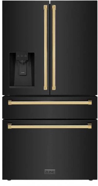 ZLINE 36 In. Autograph Refrigerator with Water and Ice Dispenser in Black with Gold Handles, RFMZ-W-36-BS-G