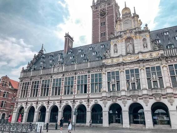 The University Library viewed from the square in Leuven Belgium. 