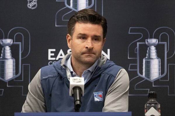 Rangers general manager Chris Drury speaking during a press conference.