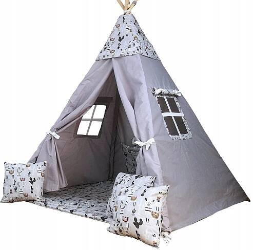 Dětský stan TEEPEE (TÝPÍ) LAMY A KAKTUSY s doplňky - šedý/bílý