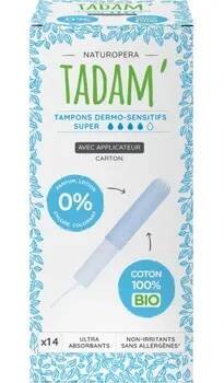 Hygienické tampóny TADAM Dermo sensitivní tampony z BIO bavlny s aplikátorem, Super, 14 ks