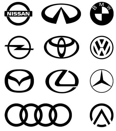 the logos of different cars are shown in black and white, with one car's emblem