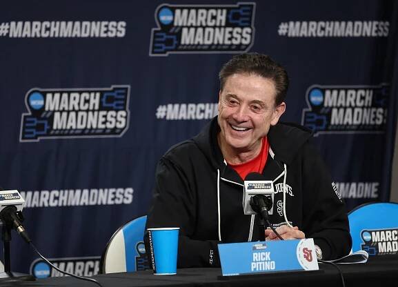Rick Pitino at an NCAA March Madness press conference.