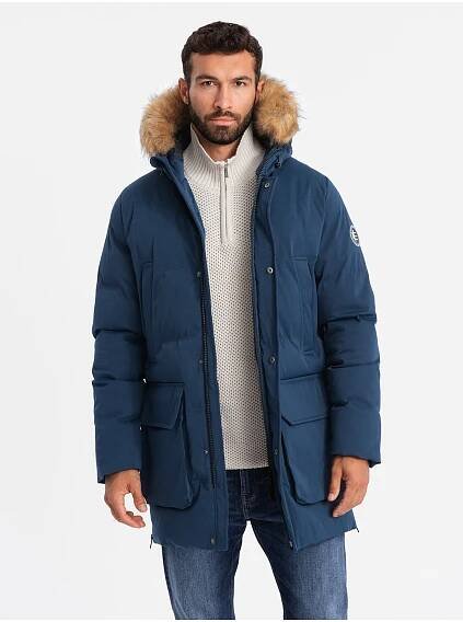 Ombre Clothing Pánská dlouhá bunda parka se zapínáním na zip - tmavě modrá V5 OM-JALJ-0184