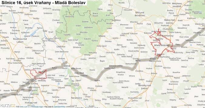 Úsek Vraňany - Mladá Boleslav, Silnice 16 - Mapa | Kurzy.cz