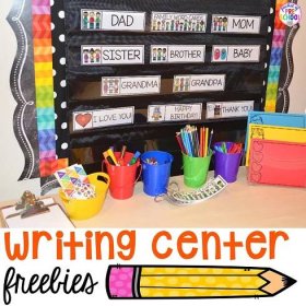 Writing Center Freebie & Ideas (family word cards, event word cards, and fancy paper) - Pocket of Preschool