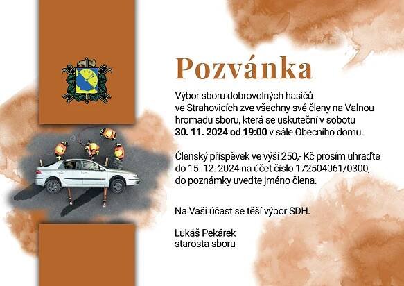Pozvánka na Valnou hromadu sboru - 30.11.2024 - SDH Strahovice