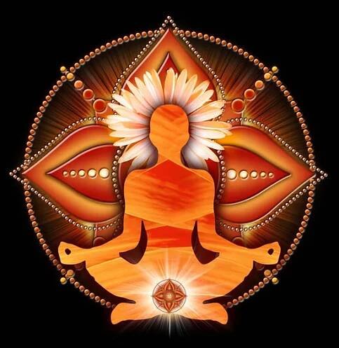 Meditace kořenové čakry v lotosu jógy, před symbolem čakry muladhara. Klidný dekor pro meditaci a energetické léčení čakry. — Stock obrázek