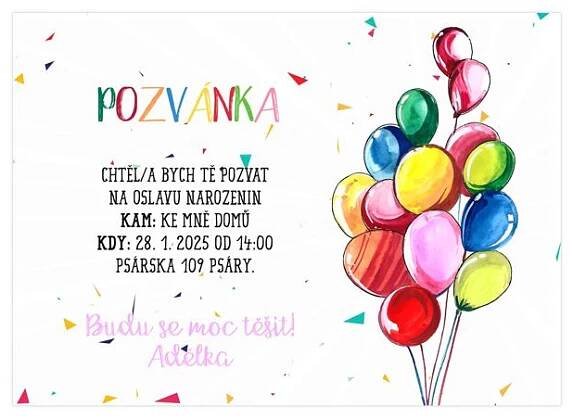 Narozeninová pozvánka 6 - Veselé kreslené balónky - iOznámení