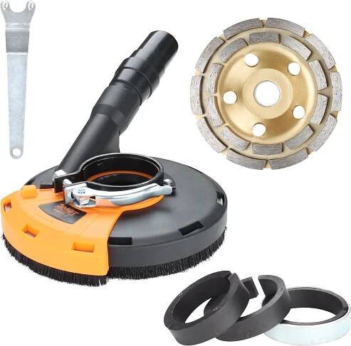 Odsávací kryt úhlové brusky Wolketon s kartáčovým kroužkem 115/125 mm pro úhlové brusky Profesionální diamantový kotouč s univerzálním odsávacím krytem na beton