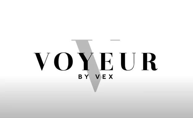 Logo with the word VOYEUR in large black letters, a faint gray V in the background, and BY VEX in smaller black text underneath. The background is white with a subtle gradient.