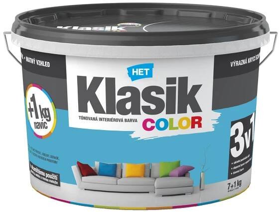 HET Klasik COLOR pastelová interiérová akrylátová otěruvzdorná barva na zeď 7 kg + 1 kg zdarma, KC0417 - modrý azurový