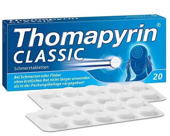 Thomapyrin CLASSIC Schachtel und zwei Blisterpackungen mit Tabletten. Aufschrift: Schmerztabletten. 20 Tabletten. Illustration eines Kopfes mit Schmerzpunkten.