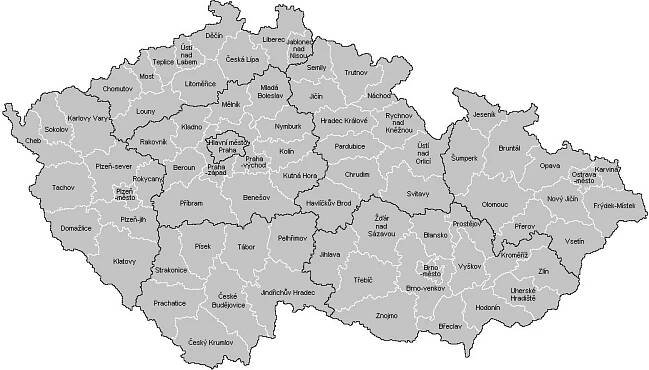 Mapa okresů ČR: Hranice na mapě (+kraje České republiky)