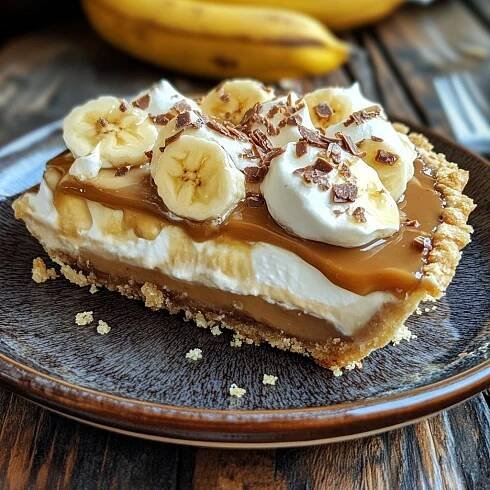 a piece of pie on a plate with bananas in the background