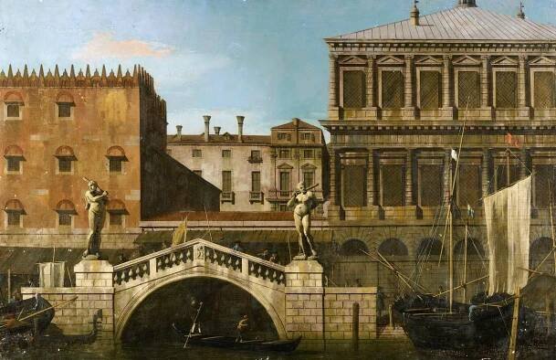 Canaletto:  [ca. 1744] - Venice - Caprice view of the Zecca and Granaries with the Ponte della Pescaria - Oil on canvas - Royal Collection Trust