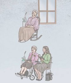 Sestra závislá na kyslíkovém přístroji sedí o samotě, ale později jde s jednou mladší sestrou na shromáždění