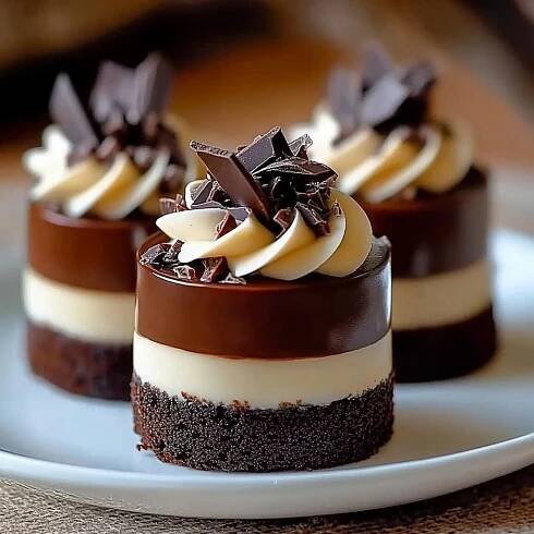three desserts on a plate with chocolate and white frosting