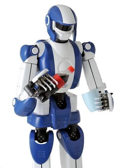 The robot grips a soda bottle in one had, and a cup in the other.
