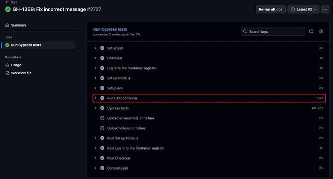 Screenshot of a Github Actions workflow run for running the E2E Cypress tests