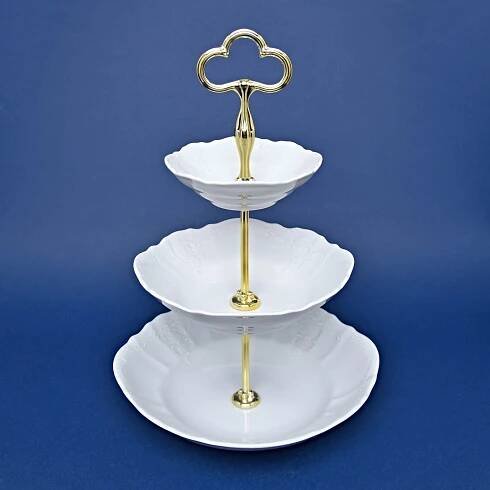 Etažer 3-díl. 34 cm z MISEK, kov. tyčka, Thun 1794, karlovarský porcelán, BERNADOTTE bílá
